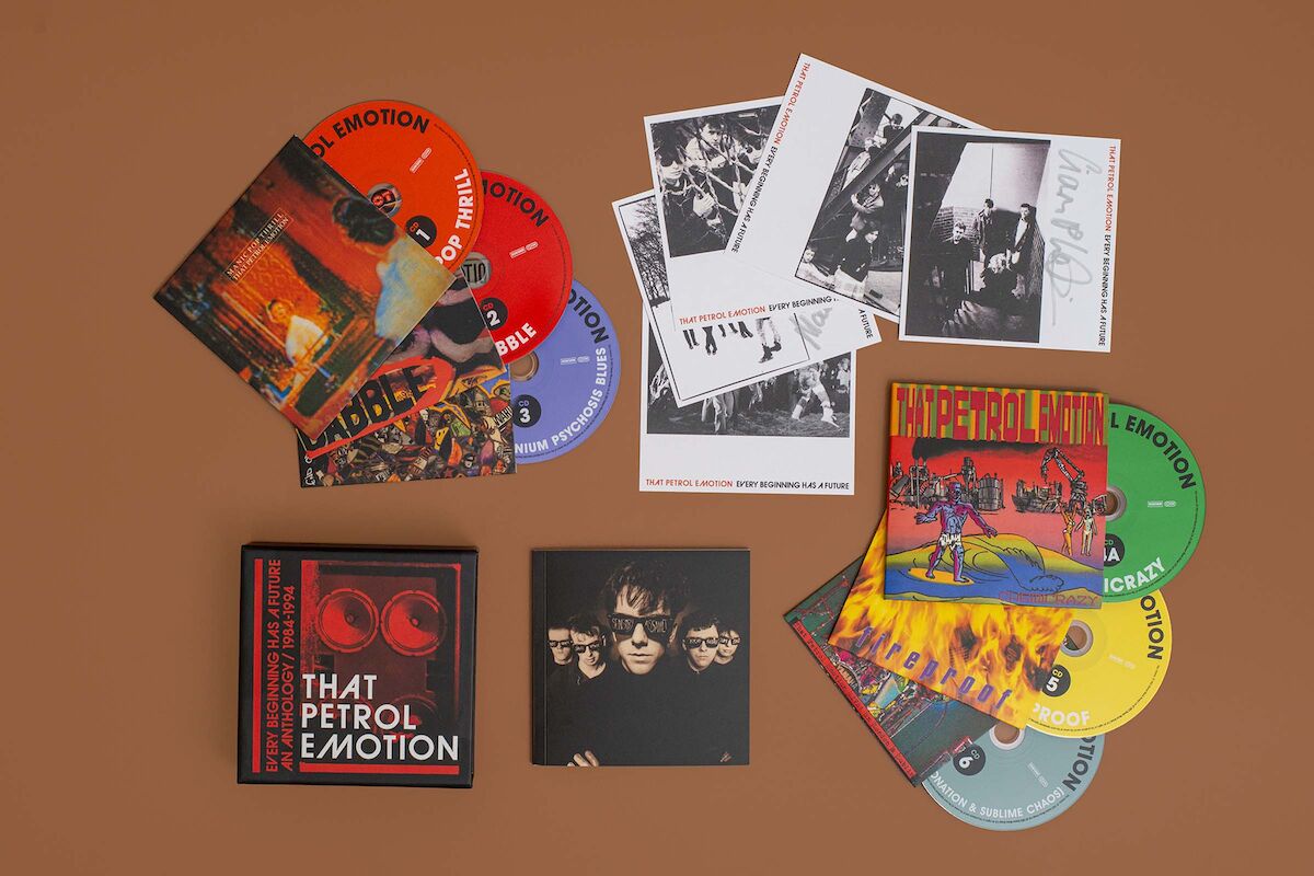 That Petrol Emotion CD boxset showing CDs, book and photo reproductions